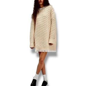 For Love and Lemons Milana Cable Knit Lace Trim Oversized Sweater Dress Sz L NWT